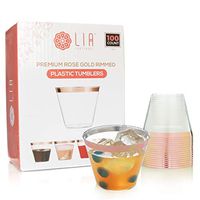 Lia Partyware Rose Gold Rimmed Plastic Cups (Bulk 100-Count) 9 oz. Clear, Fancy Drink Tumblers | Elegant Party, Event, Holiday, Birthday, Wedding Reception Use | Disposable Cups