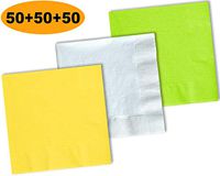 150 Beverage Napkins, Lemon Yellow, Bright White, Lime Green - 50 Each Color. 2 Ply Paper Cocktail Napkins. 5" folded, 10" unfolded.