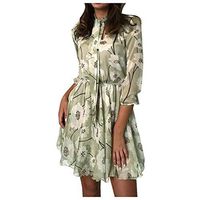 BBFairy Women Dresses Tie Front V-Neck Flower Print Ruffled A-Line Swing Midi Dress Green