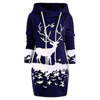 Coupondeal Womens Christmas Monochrome Reindeer Printed Hooded Drawstring Mini Dress(Navy,XL)