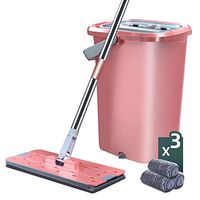 GHH Flat Bucket Mop Set Wash and Dry Flat Mop System Floor Cleaner Mop with 3 Washable Mop Refill Pads, 360 ° Rotating Mop Head, for Floor Cleaning, Pink