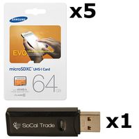 5 PACK - Samsung 64GB MicroSD XC Evo Class 10 UHS-1 TF MicroSDHC TransFlash High Speed Memory Card MB-MP64D 64G 64 GB GIGS (M.E64V.RTx5.550) LOT OF 5 with USB SoCal Trade© SCT Dual Slot MicroSD & SD Memory Card Reader - Retail Packaging