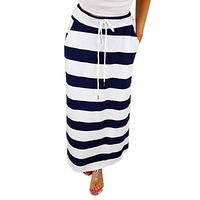 JQjian Womens Summer Hight Waist Stripe Print Hight Waist Maxi Long Skirt (M, Dark Blue)