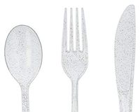 150 Silver Plastic Silverware Disposable Set by EclipseShine – Plastic Cutlery Set–Party Supplies –Clear Glitter Utensils –Heavy Duty Reusable Tableware –50 Spoons, 50 Forks, 50 Knives –Flatware