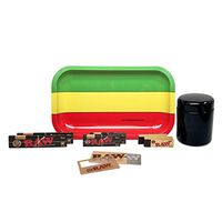 Leaf Lock Gear UV Glass Jar, RAW Black Rolling Papers (2 King Size and 1 1/4), Tips (2 Packs), Magnifying Card, Shred Card, and Rolling Paper Depot Rolling Tray – 10 Items – Bundle (Rasta)