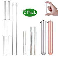 2 pieces of portable stainless steel telescopic straw for travel reusable straws with 2 brushes and 2 aluminum suitcases (silver + rose gold)