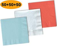 150 Beverage Napkins, Pastel Blue, Bright White, Coral - 50 Each Color. 2 Ply Paper Cocktail Napkins. 5" folded, 10" unfolded.