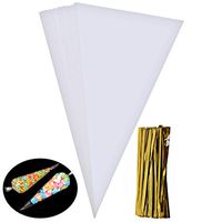 WODE Shop 100 Pieces Clear Cone Bags, Medium Transparent Plastic Cone Bags Sweets Treat Bags with Gold Twist Ties, 14.56 X 7.1 Inches
