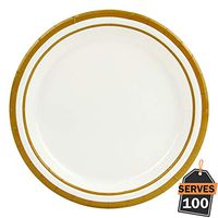 Pack of 100 Gold Rim Disposable Paper Plates, Round 9", Everyday Party Supplies for Appetizer, Lunch, Dinner, or Dessert