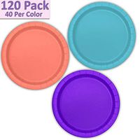 120 Paper Dessert Plates (7") - Aqua, Coral, Neon Purple - 40 Per Color, 3 Colors - Great Assortment for Birthday Parties, Weddings, Holidays, Baby Shower, Celebrations, and more