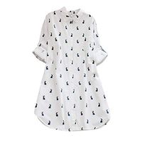 WENOVL Plus Size Dresses,Women Ladies Print Turn-Down Collar Long Sleeve Loose Button Vintage Dress White