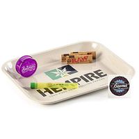 6 Items -Hempire 14” x 11” Tan Color Metal Rolling Tray + 3 Packs Raw Natural 1 1/4 Papers + Beamer 3-Piece 63mm Acrylic Grinder with Storage Compartment + Beamer Doob Tube + Beamer Smoke Sticker