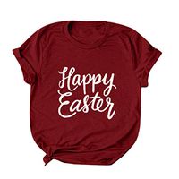 Eoeth Happy Easter Lettrer Print T-Shirts,Women Casual Simple Round Neck Short Sleeved Top Blouse Tracksuits Pullover Tee Wine