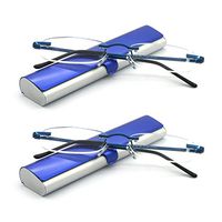 EYE-ZOOM 2 Pack Metal Rimless Reading Glasses with Spring Hinge Lightweight Slim Navy Blue and Silvery Aluminum Case Reader for Comfort Fit Men and Women Choose Your Magnification +3.00