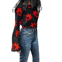 Gocheaper Fashion Women O-Neck Floral Printed Flare Sleeve Casual Blouse Sweater Tops(Black,M)