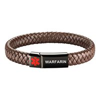 [Engraving]Leather Medical Alert Bracelet - Personalized Medical ID for Men Women Kids Custom Diabetic Alert Bracelet-Brown (21cm(8.26"),Black-Warfarin)