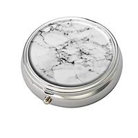 Cecillia Marble Texture Decorative Boxes Silver Round Pill Box Medicine Tablet Holder Wallet Organizer Case for Pocket or Purse