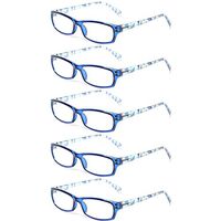 Reading Glasses 5 Pairs Fashion Ladies Readers Spring Hinge with Pattern Print Eyeglasses for Women (5 Pack Blue, 5.0)