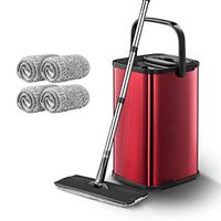 Floor Cleaning System, Comfort Mop And Bucket Set with 2 Chamber System - Convenient Wringer Mechanism, Keeps Your Hands Clean, with 2/4/6 Microfibre Pads for All Floor Cleaning,Red,4mopcloths