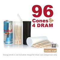 RAW Organic 1 1/4 Cones in 60 Dram Pop Tops | 96 Pre Rolls with Tips in 4 Dram Bottles | Rolling Papers Made with All Natural Fibers with Resusable BPA-Free Dram Container Vial