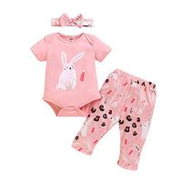 JNANA Baby Girl Clothes Infant Baby Girls Cartoon Rabbit Print Romper Bodysuit+Pants Headbands Outfits Pink 6-12 Months