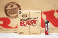 Bundle - 2 Items - Full Box 50 Packs(50 Tips Per Pack) Of AUTHENTIC Raw Rolling Paper Wide Perforated Tips And Patriot Lighter