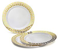 " OCCASIONS" 240 Plates Pack, Heavyweight Disposable Wedding Party Plastic Plates (10.5'' Dinner Plate, Milano in White & Gold)