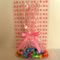 Weststone 25pcs 5"x8" Polka Dot Pink Gift Cello Bag + Pre-Tied Ribbon Bow for Cookie Candy Snack Wrapping Party Favor