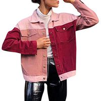 Women Turn Down Collar Color Block Patchwork Pocket Jacket Coat (L, Pink)