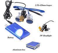 Ocean Aquarius 5W Led Headlight Lamp Clip On Type with The Filter + Blue 2.5X420MM Working Distance Surgical Binocular Loupes Magnifier +Aluminum Box DY-007