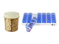 6 Compartment Pill Organizer / Vitamin Organizer with Easy Turn Lid and Self Adhesive Labels with 4x/Day Weekly Pill Organizer with Transparent Blue Removable Daily Pill Boxes in White Tray