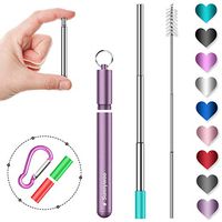 Sunnywoo Collapsible Reusable Straws,Portable Stainless Steel Metal Drinking Foldable Straw with Lavender Travel Case & Cleaning Brush & Keychain & Silicon Tips for Adults and Kids （Silver Straw）