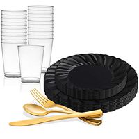 Elegant Disposable Plastic Dinnerware Set for 144 Guests - Fancy Flared Black Dinner Plates, Dessert Salad Plates, Gold Silverware Set & Cups For Christmas, Weddings, Birthday Party & All Occasions