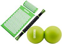 YOGU Acupressure Mat Pillow and Muscle Roller Massage Stick Set for Back and Neck Pain Relief and Muscle Relaxation Relieves Stress Back Neck and Sciatic Pain (Green w Stick+Ball)