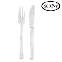 AOVITY 200 Pcs Plastic Silverware Disposable Party Plastic Flatware Set 100 Plastic Forks 100 Plastic Knives Silver