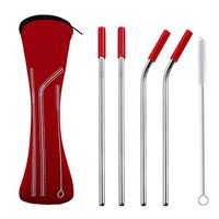 Gtell 8.5 inch Stainless Steel Metal Straws with Carrying Zipper Pouch Bag, Silicone Tips and Cleaning Brush (Set of 4) BPA Free Reusable and Portable (Red)