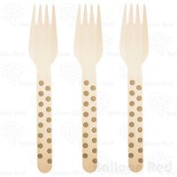 Stamped Wooden Disposable Forks (Premium Quality), Pack of 24 - Polka Dots - Gold