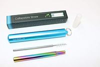 Reusable Straws - Metal Straws with Case - Collapsible Straw with Cleaning Brush - Portable Drinking Straw with Travel Keychain Case - Retractable Stainless Steel Straw (Blue Case, Rainbow Straw)