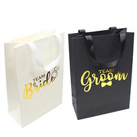 Tryke Co. Bridesmaid & Groomsmen Wedding Party Gift Bags - 6 White Team Bride 6 Black Team Groom Kraft Paper Bag Gold Foiled with Ribbon Handle