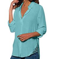 Alangbudu Women Side Lace Hollow Out Curved Hem Tops Button Pullover Long Sleeve Loose Blouse Casual Sweatshirt Tunic Blue