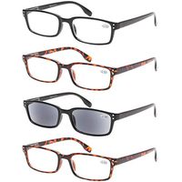 READING GLASSES 4 Pack Spring Hinge Comfort Readers Plastic Includes Sun Readers, 2tortoise 1black 1gray Lens, Medium