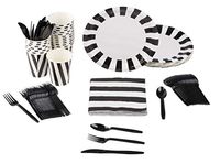 Disposable Dinnerware Set - Serves 24 - Black and White Party Supplies, Includes Plastic Knives, Spoons, Forks, Paper Plates, Napkins, Cups for Halloween Party