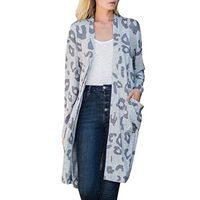 HNTDG Women Long Sleeve Open Front Leopard Print Knit Long Cardigan with Pockets Loose Outwear Tops Coat Gray
