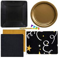 Black and Gold Party Supplies Black Square Plates, Gold Round Plates, Black and Gold Napkins a Tablecloth and Party Checklist