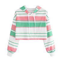 FRC0LT Hoodies, Womens Green Pink Striped Long Sleeve Hooded Sweatshirt Blouse Tops (L, White)