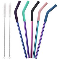 Senneny Set of 5 Stainless Steel Straws with Silicone Flex Tips Elbows Cover, 2 Cleaning Brushes and 1 Portable Bag Included - Colorful