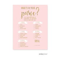 Andaz Press Blush Pink Gold Glitter Print Wedding Collection, What's in Your Purse? Bridal Shower Game Cards, 20-Pack