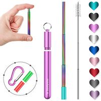 Sunnywoo Collapsible Reusable Straws,Portable Stainless Steel Metal Drinking Foldable Straw with Purple Travel Case & Cleaning Brush & Keychain & Silicon Tips for Adults and Kids (Rainbow Straw)