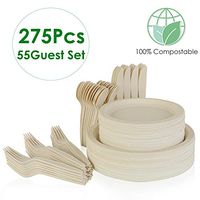 Prasacco 275Pcs Disposable Cutlery Set, Compostable Sugar Cane Cutlery Environmental Cutlery, Microwave Grill, Frozen Eco-friendly Plate, Fork, Knife And Spoon Combination, For Party, Camping, Picnic,