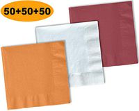 150 Beverage Napkins, Autumn Orange, Bright White, Burgundy - 50 Each Color. 2 Ply Paper Cocktail Napkins. 5" folded, 10" unfolded.